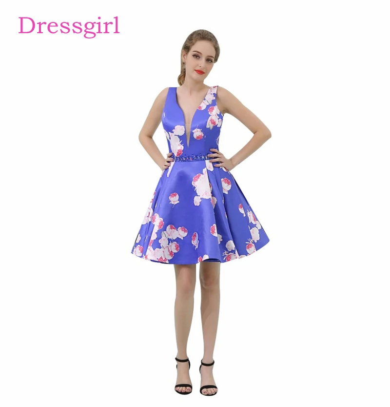 

Blue Homecoming Dresses A-line V-neck Short Mini Beaded Backless Elegant Cocktail Dresses