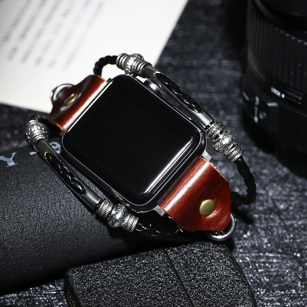 

Retro Handmade Weave Real Leather Punk Bracelet Belt For Apple Watch Band 40mm 41mm 44mm 45mm Series 3 4 5 6 7 8 SE iWatch Strap