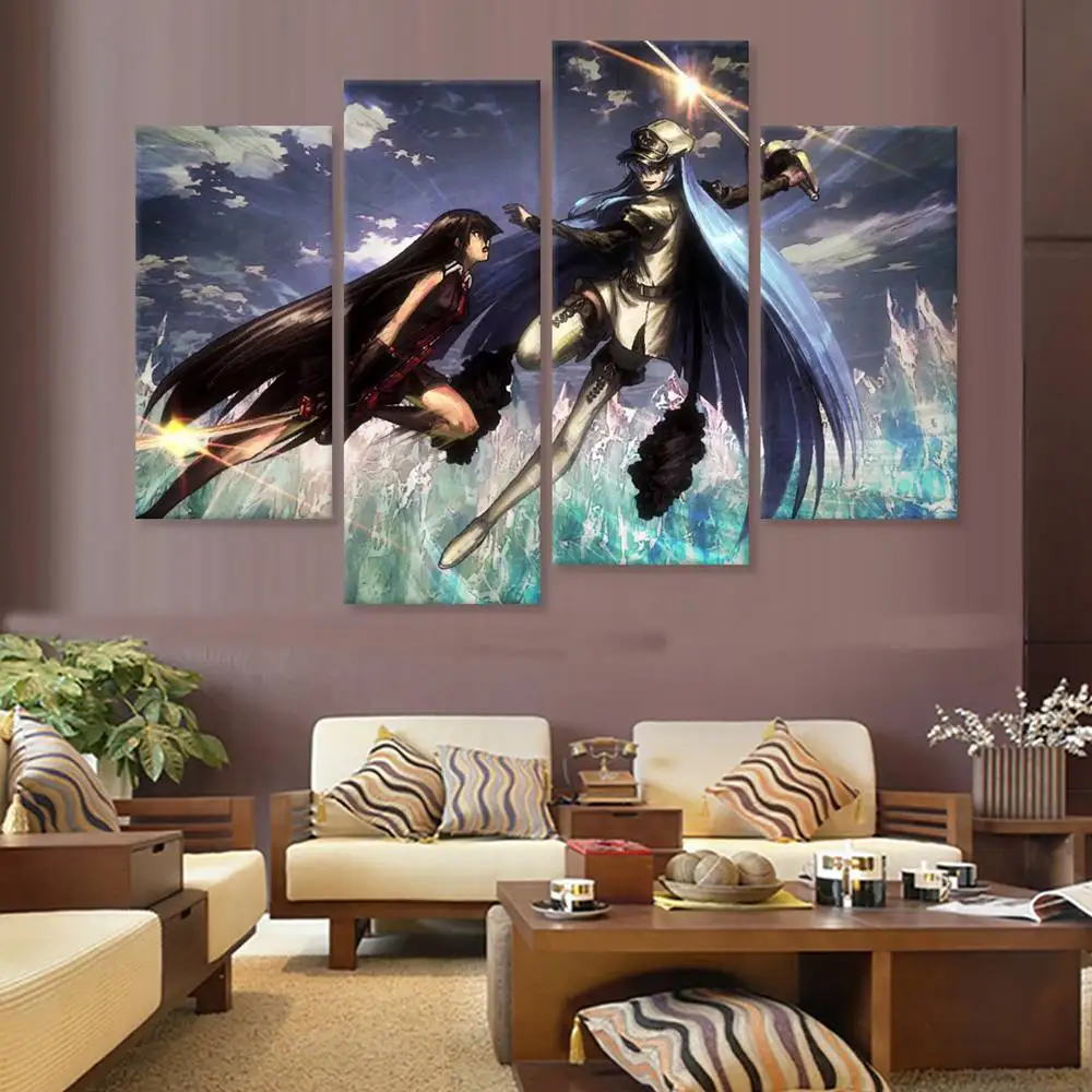 Akame vs Esdeath 4 шт. Картина на холсте аниме плакат Модульная картина для детской