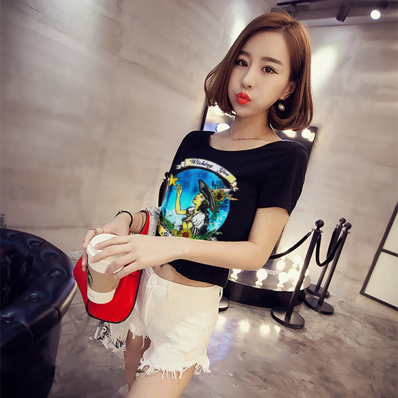 Sexy Crop Top T Shirt Women Short Sleeve O-Neck T-Shirt Summer Funny Wish Good Omens Gothic Harajuku Aesthetic Brand Tee Femme | Женская