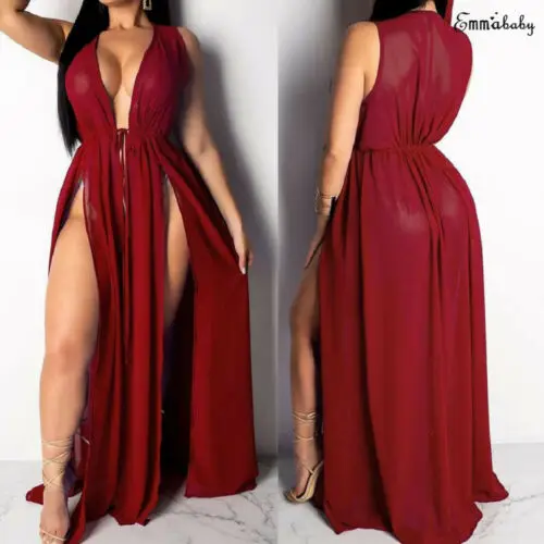 

Bikinis 2019 Mujer Sexy Women Summer Evening Party Spilt Cocktail Beach Deep V-neck Slit Long Maxi Dress Swimsuit Cover Up