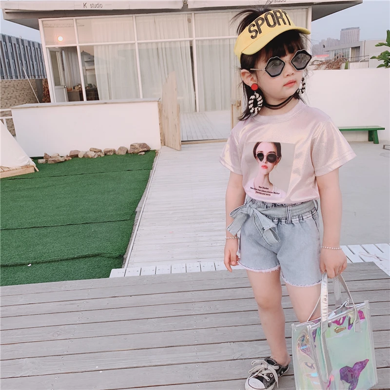 Летние джинсовые шорты с поясом для маленьких девочек свободные хлопковые