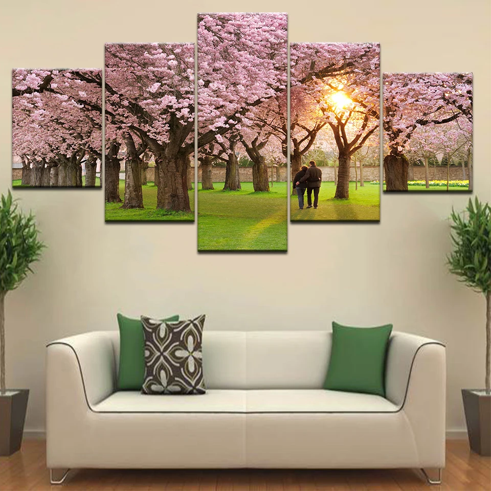 Canvas Pictures Home Decor HD Prints 5 Pieces Cherry Blossoms Paintings Pink Flower Petal Tree Poster Living Room Wall Art Frame | Дом и сад