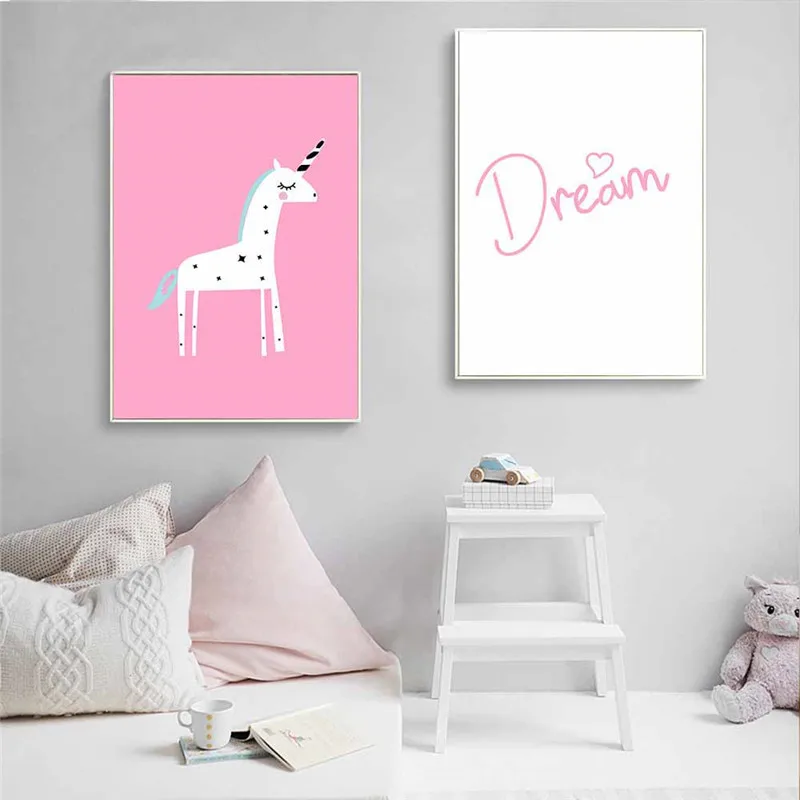 Картина на холсте "Розовый кавайный единорог" с мультяшным постером для детской комнаты, декорирование гостиной, северный декор спальни для маленькой девочки.
