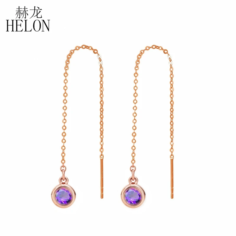 HELON Solid 18 k розовое золото 3 мм круглые подлинные Аметистовые Серьги-цепочки обручальные свадебные модные ювелирные изделия для женщин Рождественский подарок