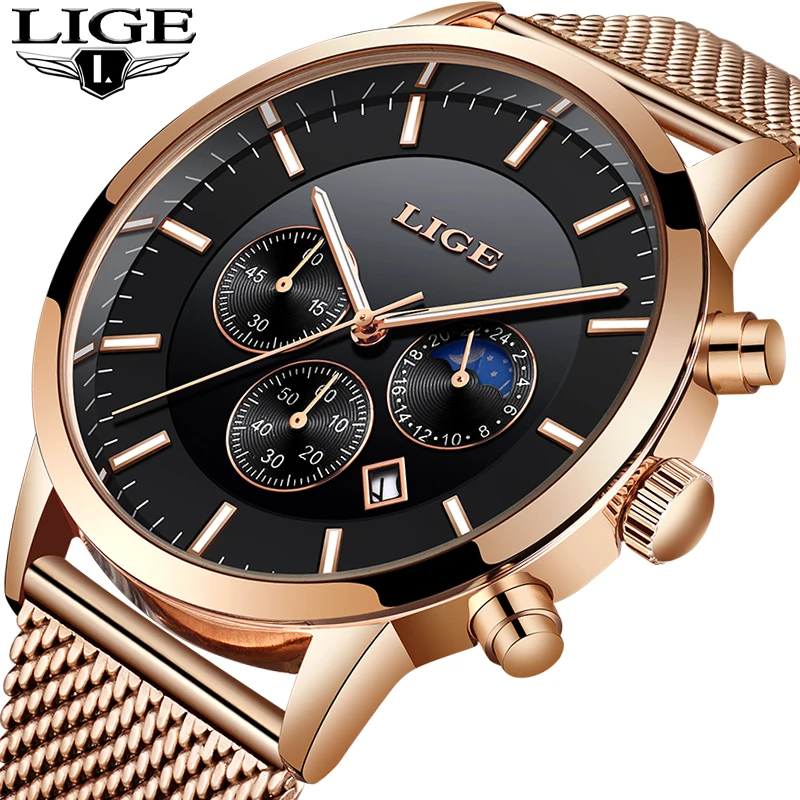 

LIGE, 2019, Топ бренд, Роскошный хронограф, мужские кварцевые часы, полностью стальные водонепроницаемые мужские модные спортивные часы для отд...
