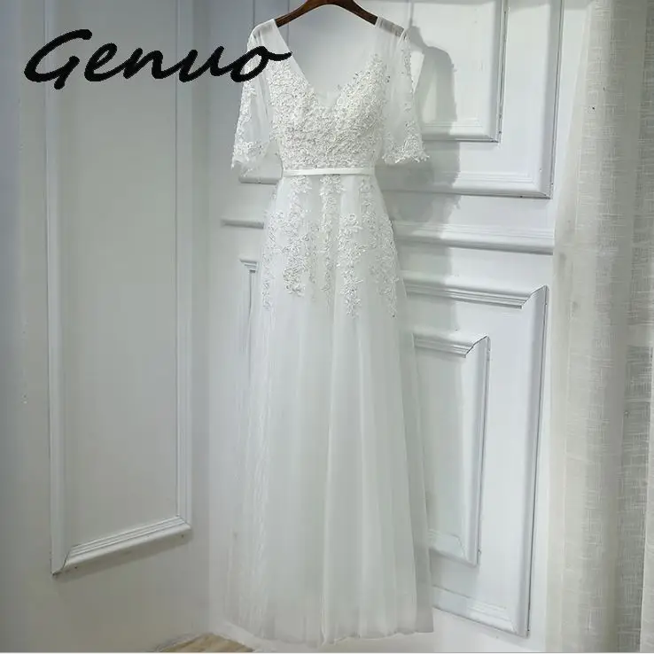 Genuo Новое сексуальное платье с v-образным вырезом Robe De Soiree Высокое качество Серый Тюль с аппликацией платья настоящая фотография vestido de festa