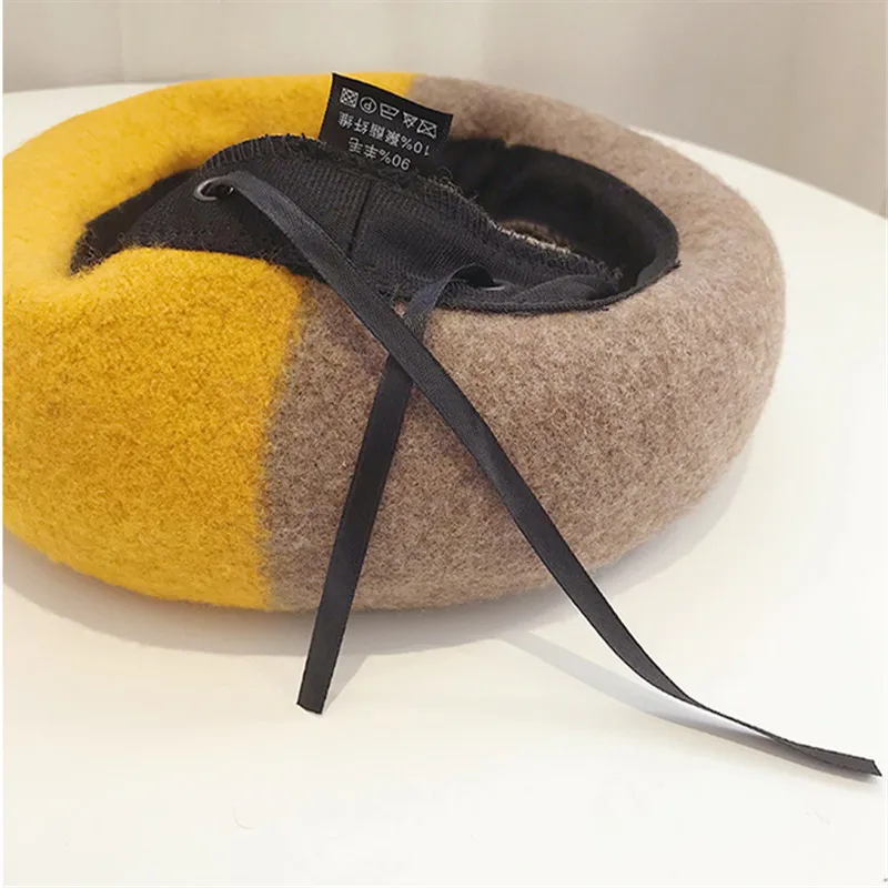 

Yyun Female Patchwork Beret Women Warm Wool Felt French Artist Beanie Hat Winter Color Blocked Adjustable Bonnet Cap