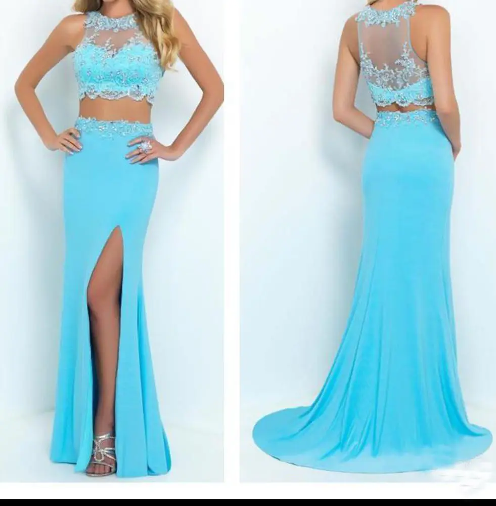 Sheer Две Пьесы Кружева Театрализованное Пром Платье 2016 Новый Аппликации Бисер