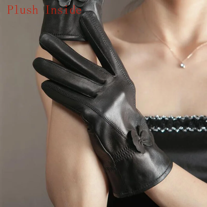 Plush Black Женская обувь из натуральной кожи; из овечьей кожи бабочка knotl перчатки женские зимние тонкие/плотная обувь с подкладкой из плюша, кашемир теплый спортивный костюм с водительские перчатки L74 - Цвет: Plush Black