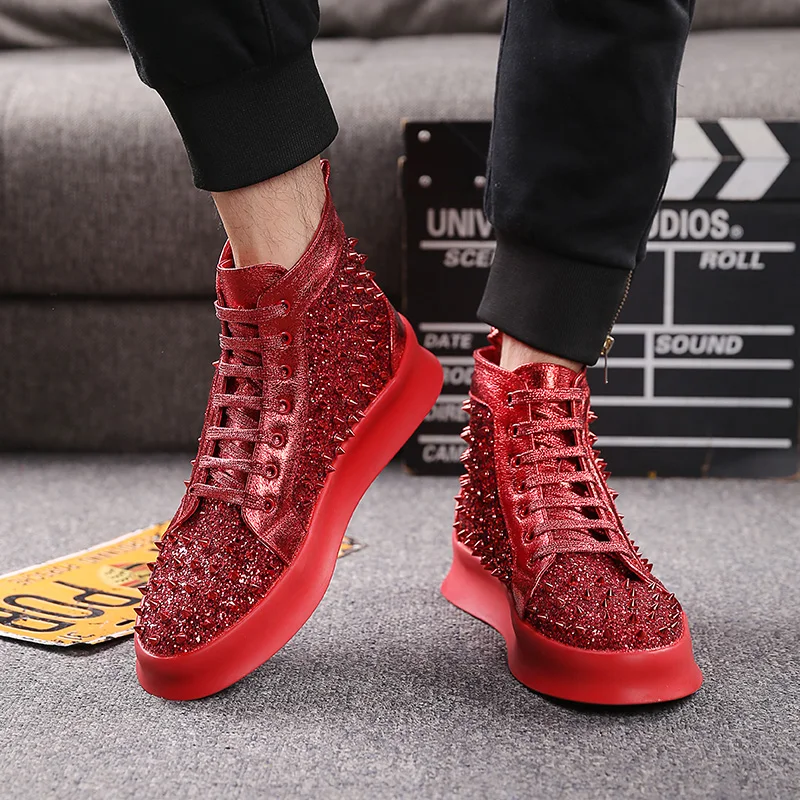 British luxury fashion men party banquet dresses soft leather rivet shoes flat platform shoe personality hip hop ankle boots man