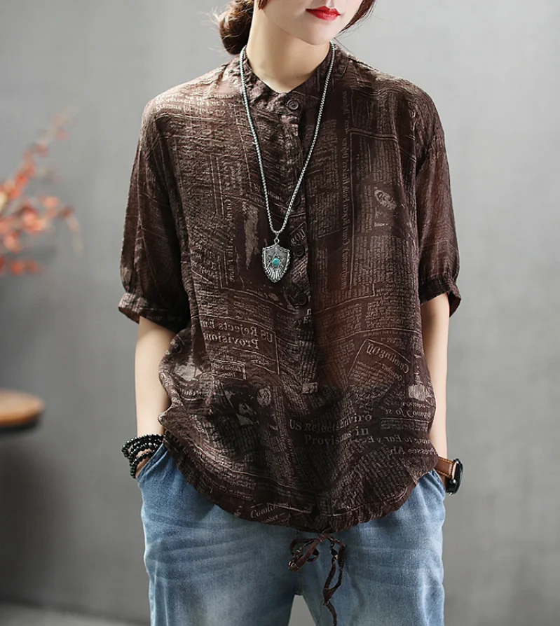 Летняя блузка Ретро Свободная Женская Повседневная рубашка Топы Стенд Кнопка