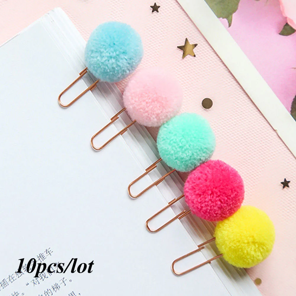 

10Pcs/set Cute Hairball Rose Gold Cilp Modelling Paper Clip Fashion Business Office Lady Style Office Stationery Set