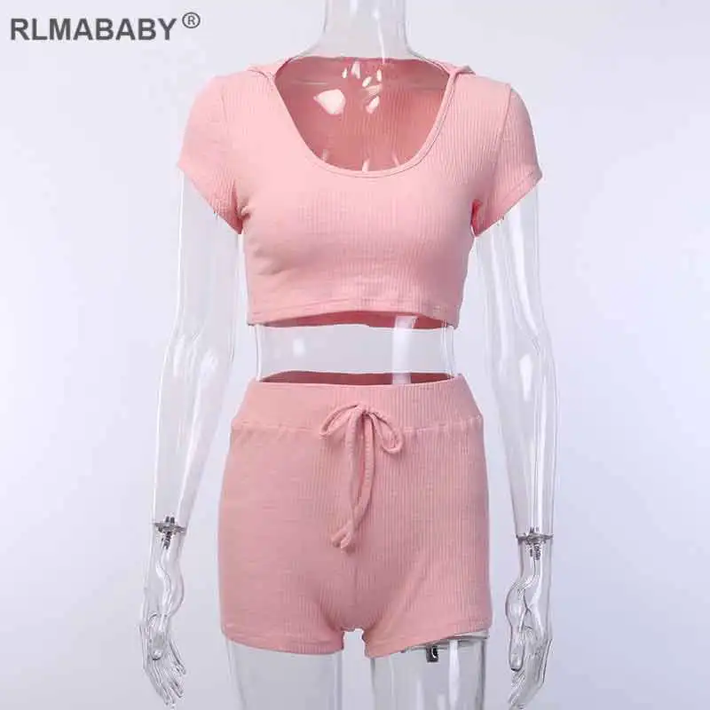 RLMABABY, Сексуальная футболка в рубчик с капюшоном и шорты, Женский комплект, короткий рукав, Женский комплект 2 шт., высокая талия, бандаж, комплект из двух предметов - Цвет: Pink