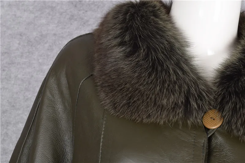 Women's mum big large size clothing genuine sheepskin leather natural woolen cashmere liner jacket fox fur collar green xxxxxxl