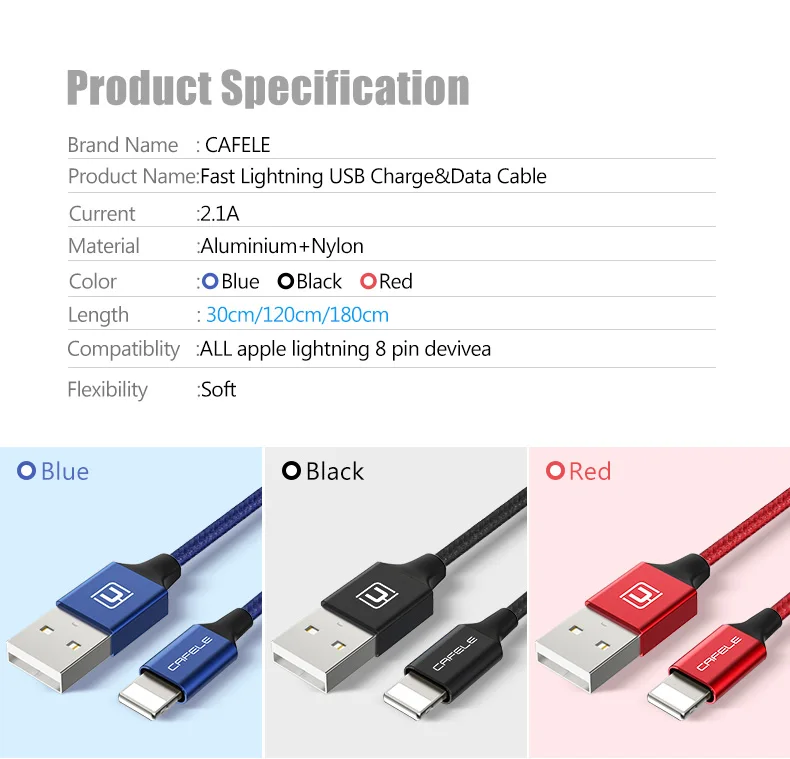 Cafele USB кабель мобильный телефон кабель для iPhone X Xs Max Xr 8 7 6 6S плюс USB зарядка кабелей кабель синхронизации данных и зарядки для iPhone