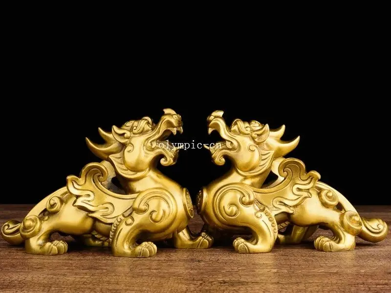 

Pair 10'' brass copper auspicious treasure beast plutus dragon kylin statue