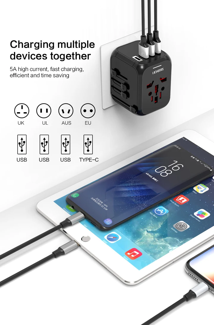 LINGCHEN дорожный адаптер Международный адаптер питания 5A 3 USB 1 type-C порт зарядное устройство AC адаптер питания для ЕС/Великобритании/Австралии/США