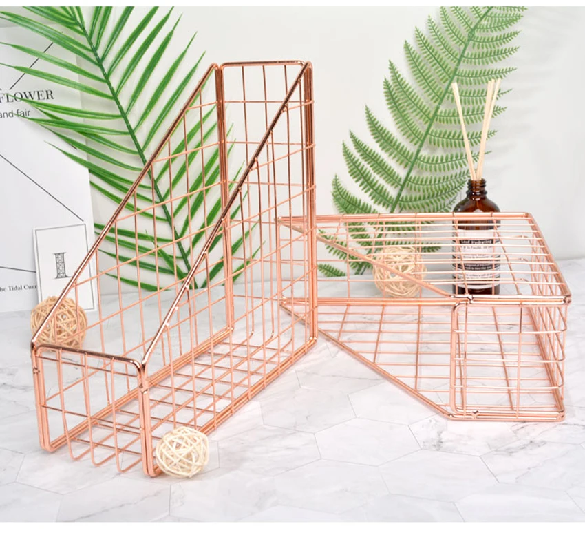 Scandinavian Rose Gold Metal Storage Basket Nordic Book Basket Iron Basket Desk Storage Organizer Decor Basket Home Office