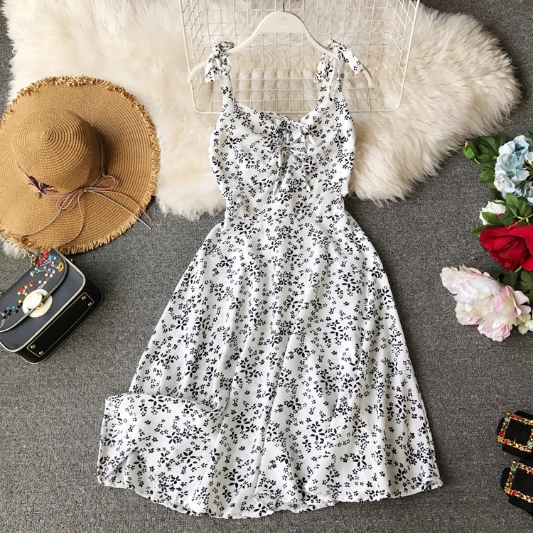 

Sweet Flower Printed Bow Tie Drawstring Ruffled Sleeveless Casual Dress Women High Waisted Sweet Sexy Vestidos E836