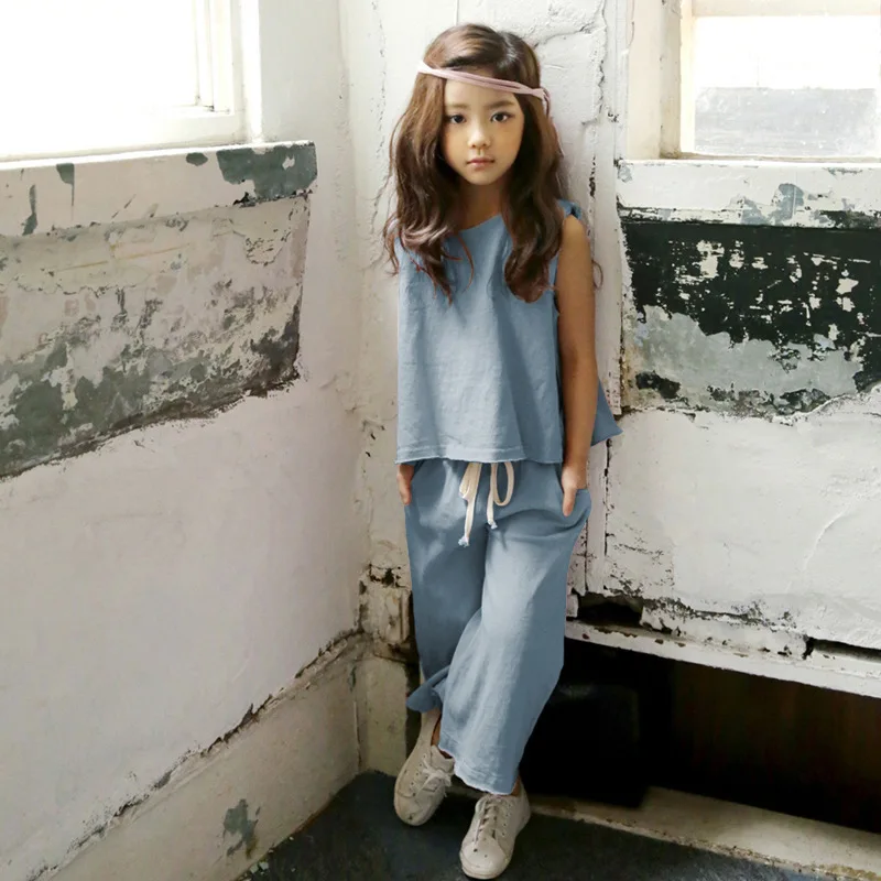 Casual Kids Clothes Suit For Teenage Girls Clothing set 2019 Summer Solid Vest Tshirt Pants 2-piece Soft Cotton Children Outfits | Мать и