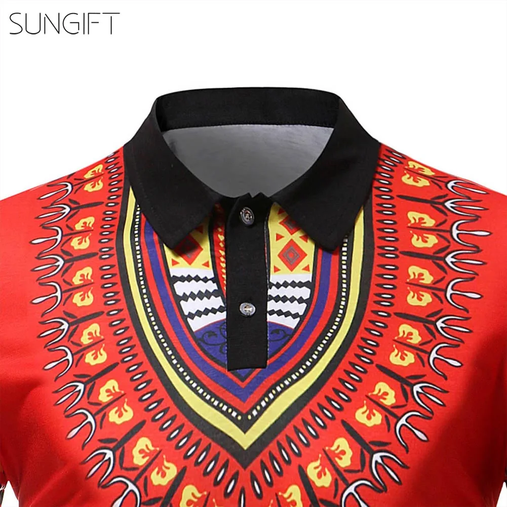 SUNGIFT African Men's Top Dashiki Polo Neck Print Short Sleeve Men Shirt Clothes 2019 Summer Faddish T-Shirt | Тематическая