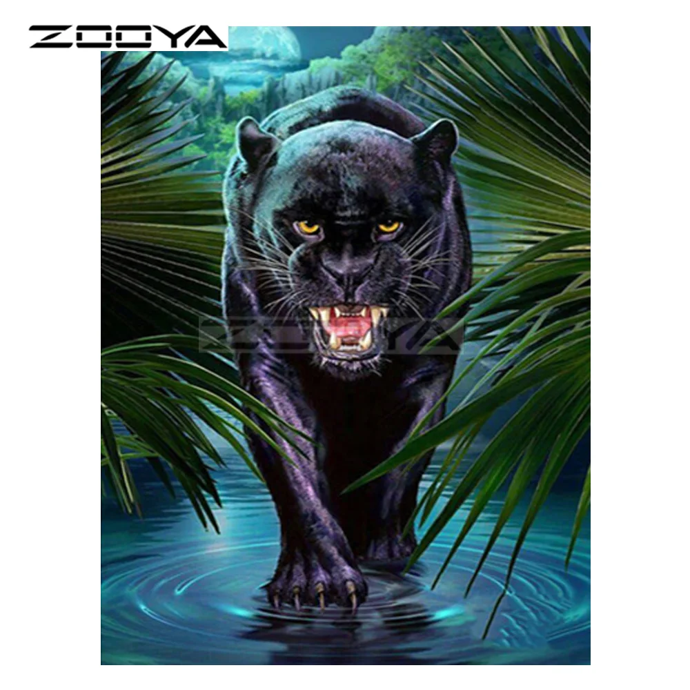 ZOOYA 5D &quotсделай сам&quot алмазная Черная пантера поверхность воды ночной лист