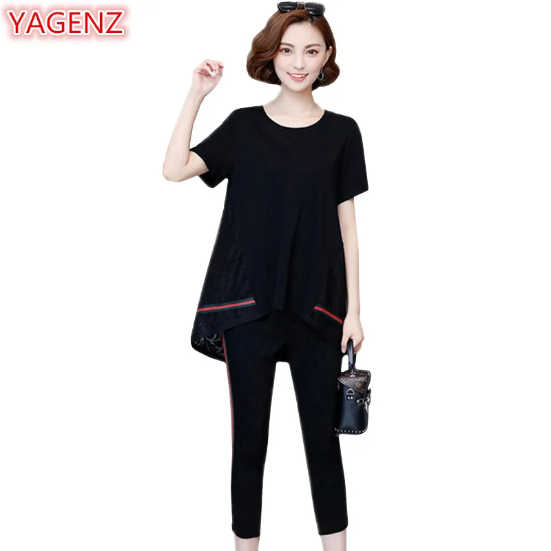 

YAGENZ Plus Size Two Piece Sets Womens Clothing Tracksuit Summer Set Ladies Casual Tracksuits 2 Pieces Black Top And Pants 381