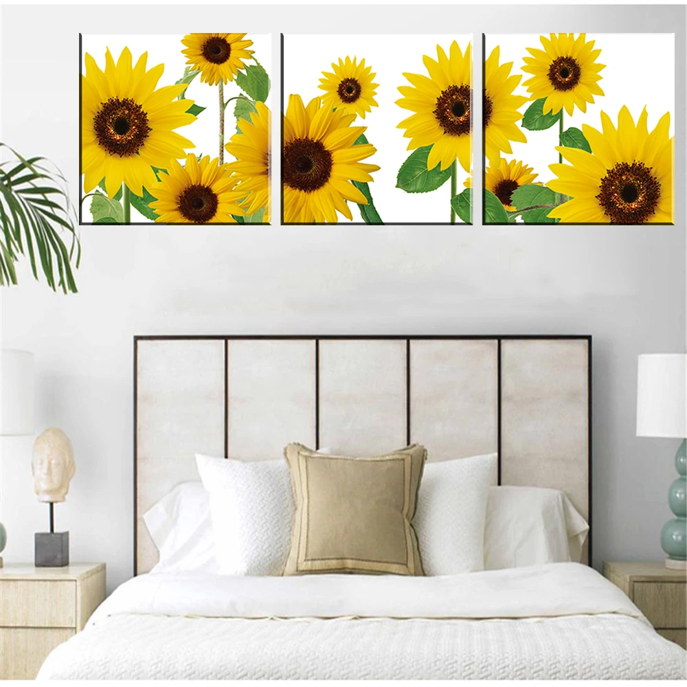 No Frame Modern Sunflower Oil Picture Abstract Painting on Canvas Wall Art Sticker Flowers Home Decor Room Decoration 3 Panel | Дом и сад