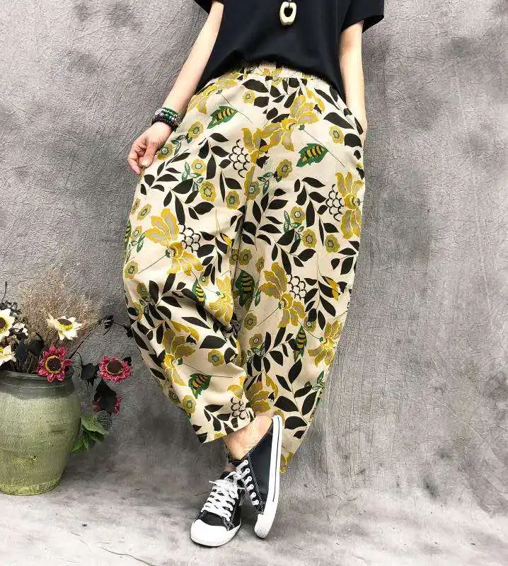 Summer Hip Hop New Print Linen Shorts Women Summer Casual Harem Leg Shorts Pockets Elastic Waist Loose Short Vintage autumn