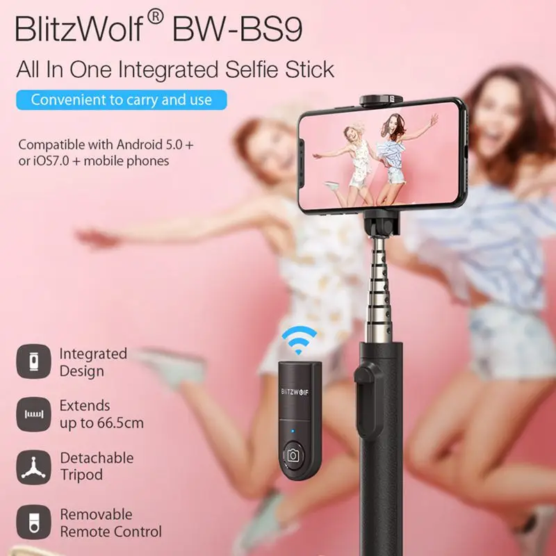 Мини bluetooth селфи палка BlitzWolf монопод со встроенным съемным штативом для