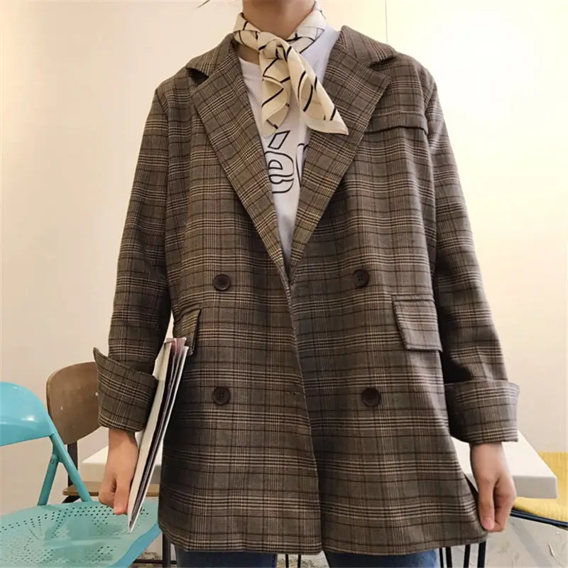 Блейзер Женский винтажный длинный двубортный в клетку на весну 2019|Женские