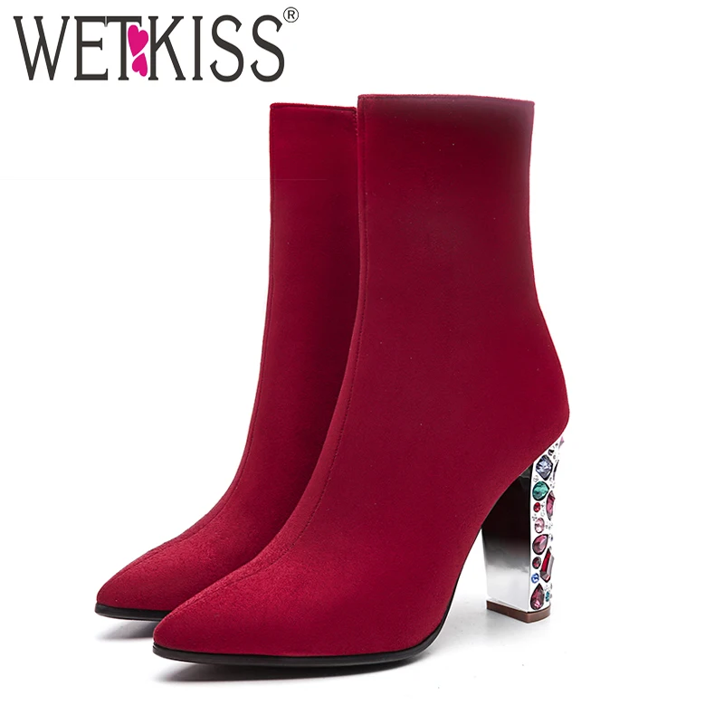 WETKISS/зимние женские ботинки из флока с высоким горлом и острым носком Короткие