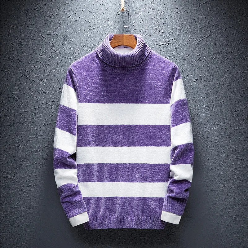 KOLMAKOV New 2022 Men's Clothing Sweaters Turtleneck Thick Sweater Knitting Pullovers Homme High Quality Striped Men 3XL | Мужская