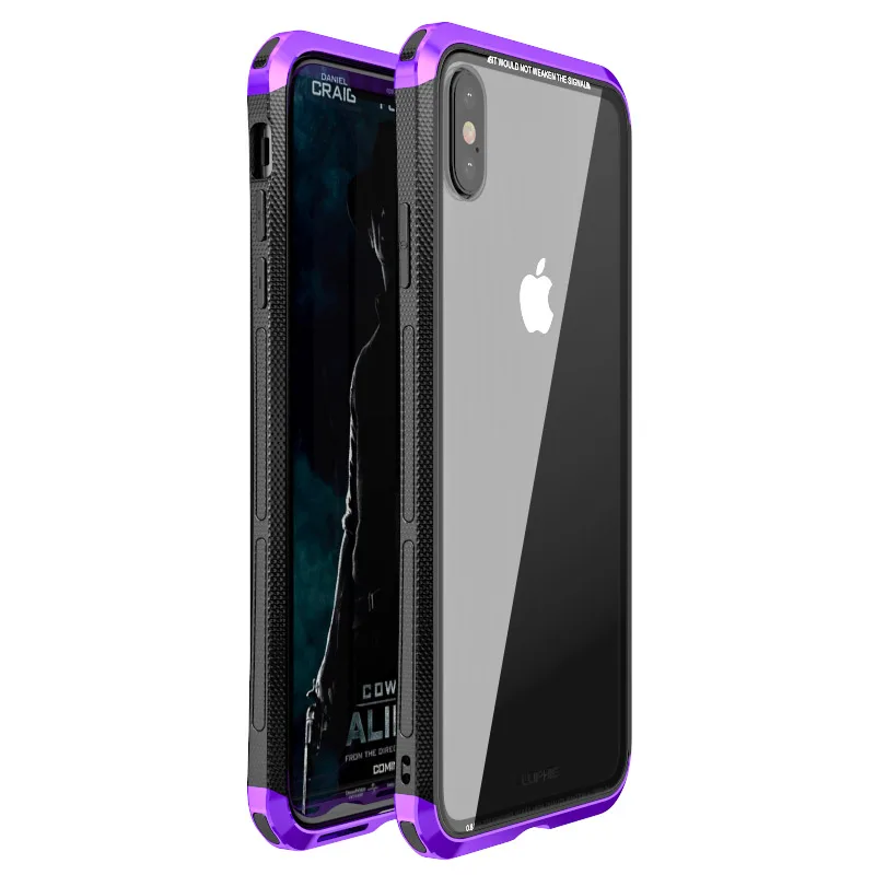 Роскошный металлический чехол для iPhone XR, чехол с алюминиевым бампером, пластиковая Нескользящая прозрачная стеклянная задняя крышка для iPhone XS MAX, чехол, ультратонкий - Цвет: black purple
