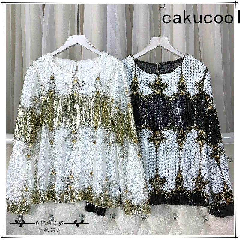 Cakucool Women All Sequined Blouse Shirt Spring Long Sleeve o-neck Pullover Embellish Shiny Large Size Blusas Basic Tops Female