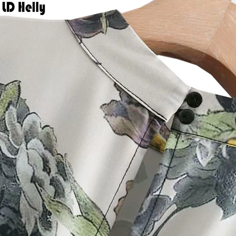 LD Helly Elegant Women Floral Print Dress Stand Collar Pleated Long Sleeve Mid-Calf Dresses Ladies Office Workwear Vestidos | Женская