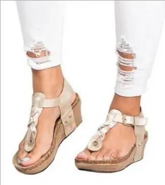 SLHJC клинья Сандалии на каблуке плюс Размеры Кожаные туфли лодочки Летние