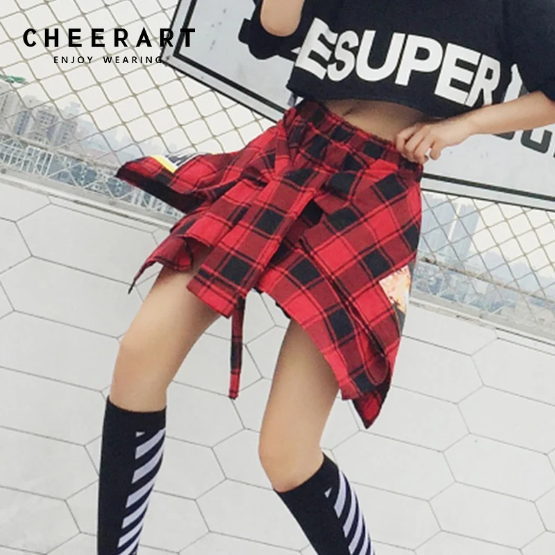Женская ассиметричная клетчатая мини юбка Cheerart в стиле панк рок|Женские юбки| |