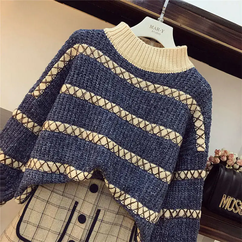 

2019 New Autumn Winter Women Sweet Knit Sweater Pullovers + A Line Plaid Skirt Suits Female Knitting Clothing 2 Piece Sets H91