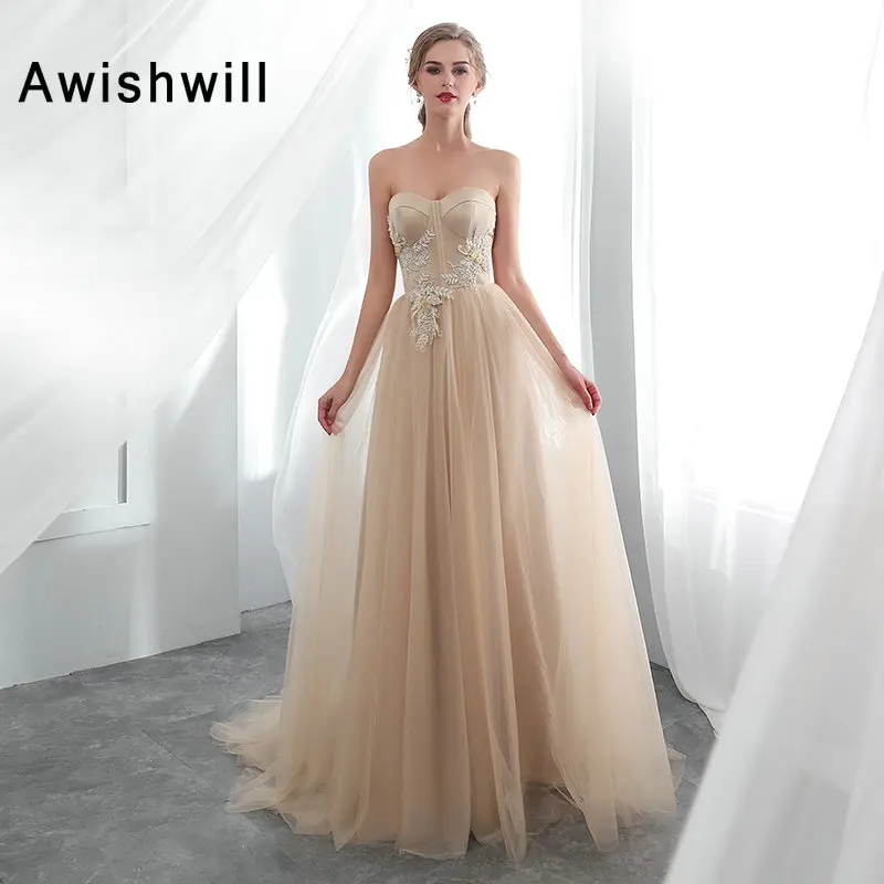 2020 Vestido De Festa Champagne Long Evening Dress Beads Satin Tulle Cheap Prom Dresses Abendkleider Formal Gown Real Sample | Свадьбы и