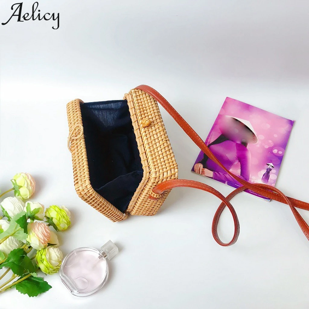 Женская Плетеная соломенная сумка Aelicy прямоугольная пляжная через плечо из