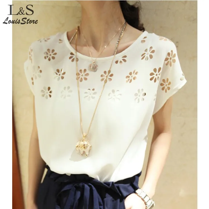 Новый 2014 Женская Мода Лето Элегантный майка Цветы Полые Свободные Batwing Рукавом О