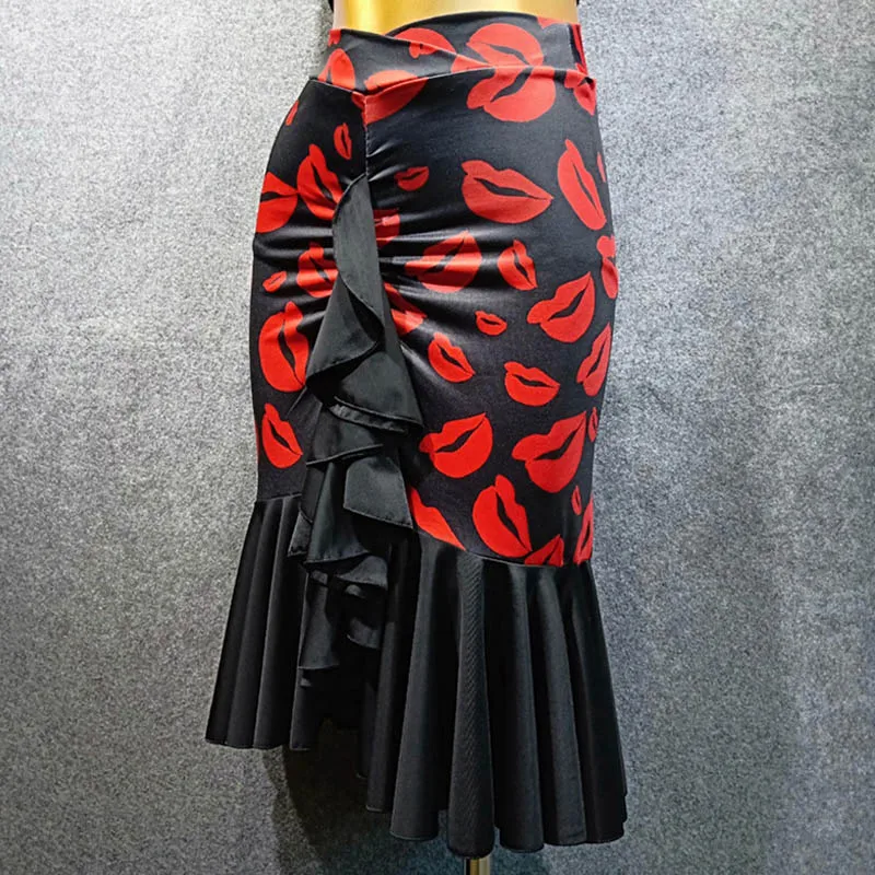 Summer Latin Dance Dress 2pcs Suit(Top+Skirt) Women Black/Pink Leopard Clothes Flamengo Modern Latin Dance Costume VDB455 - Цвет: Red Lips Skirt