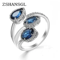 classic silver color high quality clear blue sparking cz geometric stackable opening rings for women wedding jewelry gift