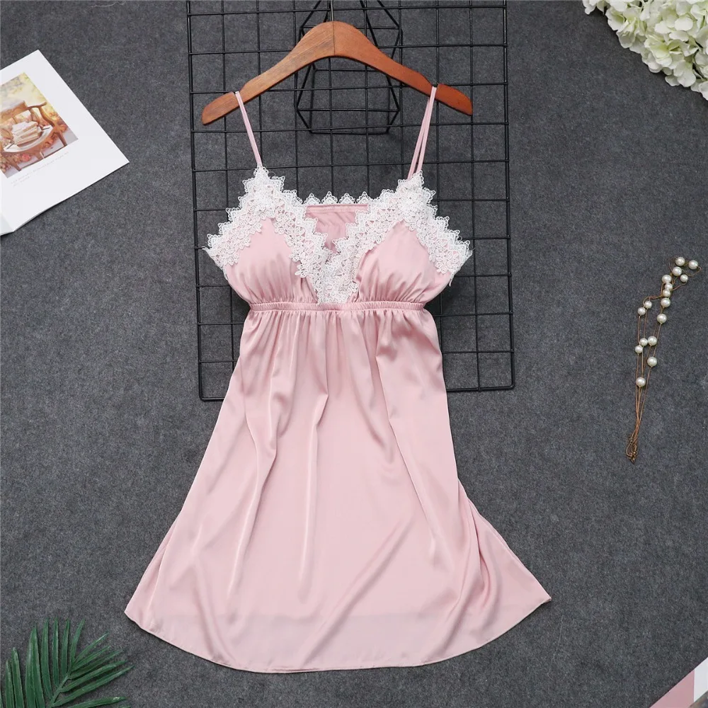 Ladis ночная рубашка из искусственного шелка и атласа сексуальная с кружевным