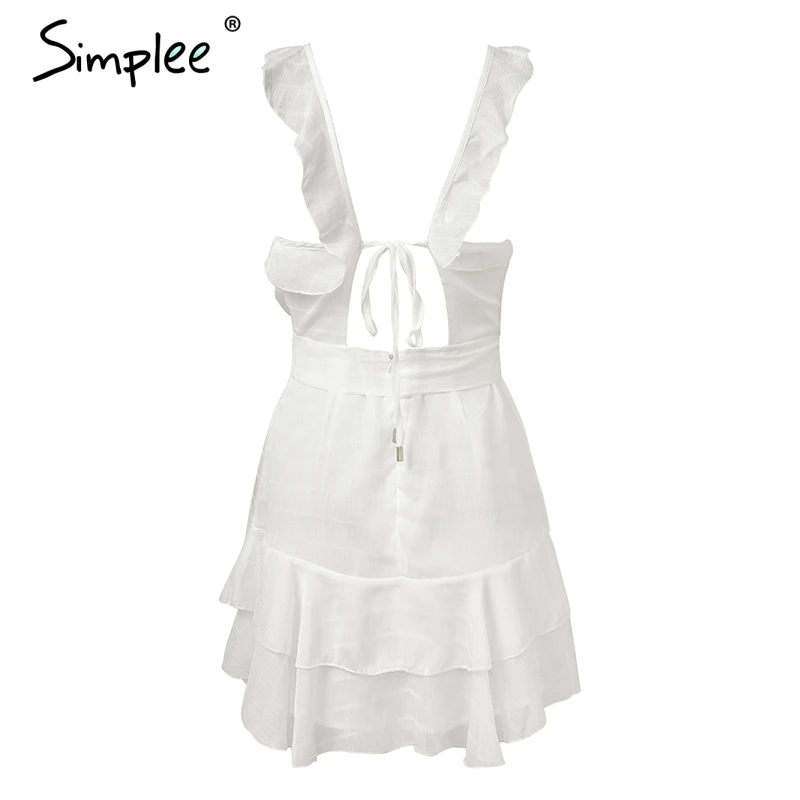 Simplee Strap v neck cross ruffles white dress women Bow belt casual dress Sexy backless lace up green short dress Summer