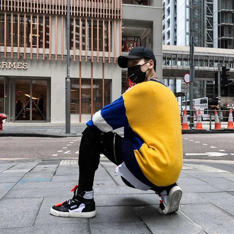 Цветной свитер в стиле пэчворк пуловер хип хоп мужской вязаный ретро винтажный