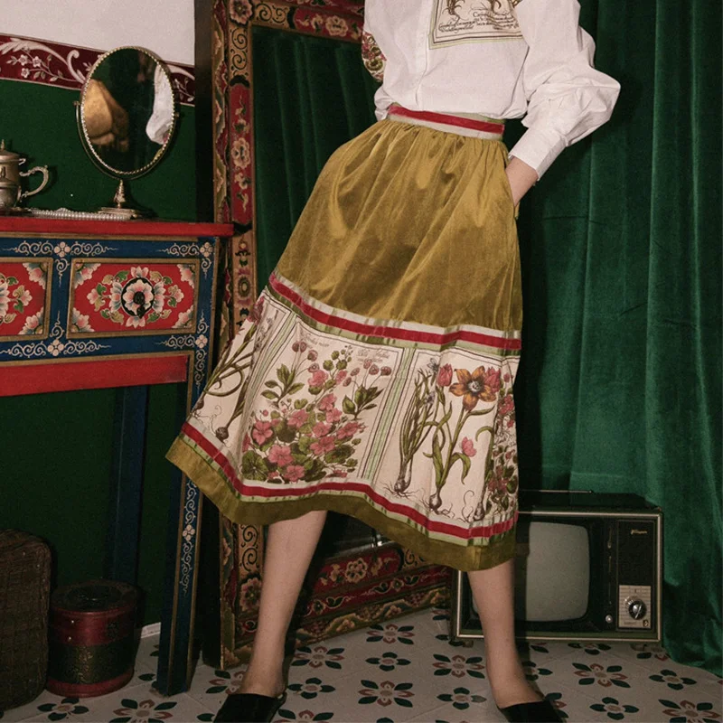 Женская бархатная юбка миди Cheerart зеленая длинная юбка-трапеция с завышенной