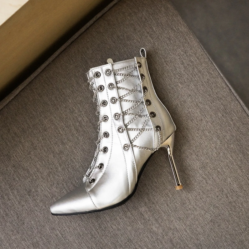 AIWEIYi Fashion Women Ankle Boots High Heels Black Silver Shoes Woman Platform Pumps Lace Up Short Ladies Female | Обувь